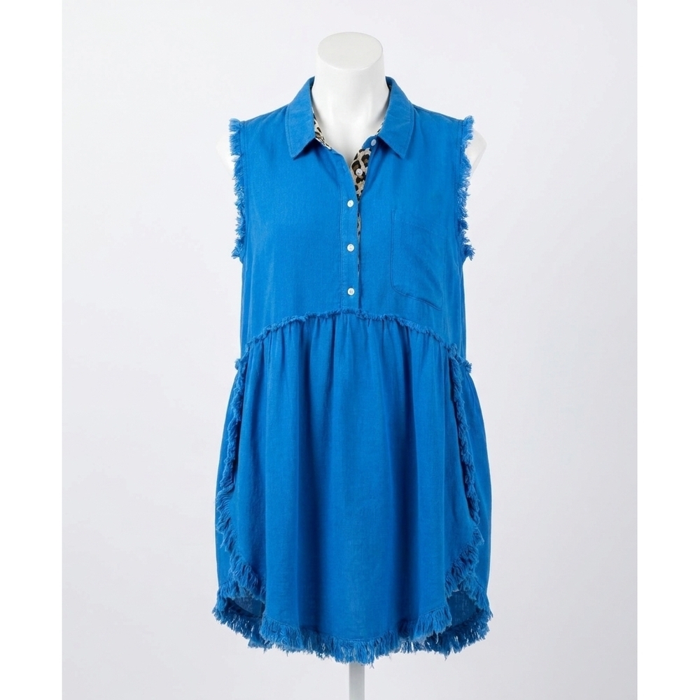 NEW UMGEE frayed sleeveless tunic in ocean blue
